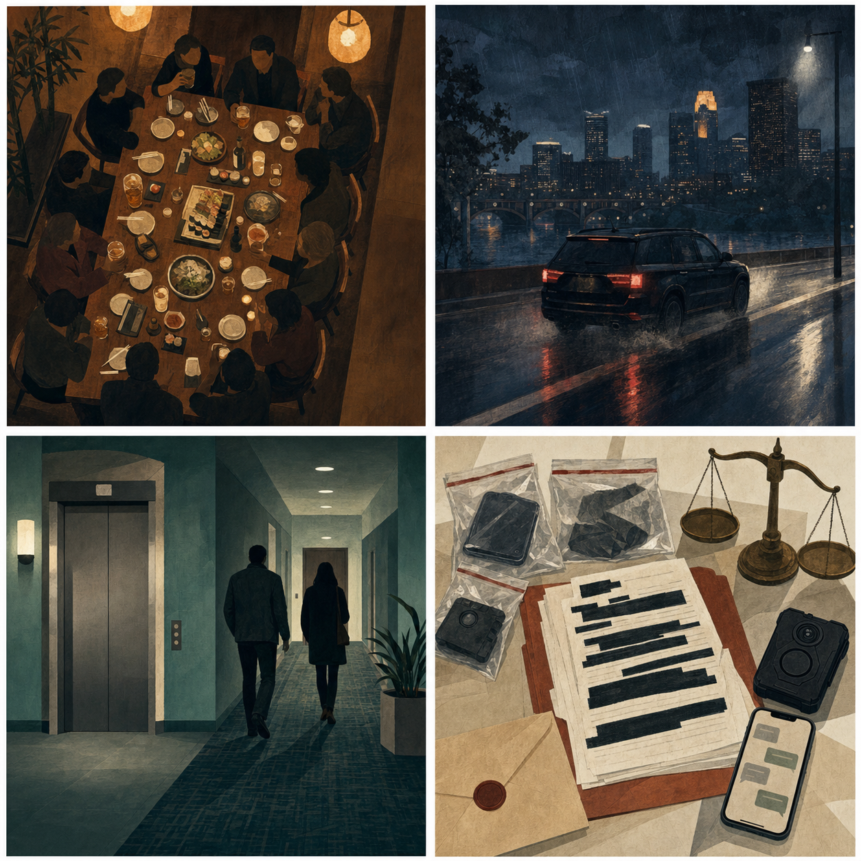 Painted story map showing a dinner, a rainy ride, an apartment corridor, and a case file